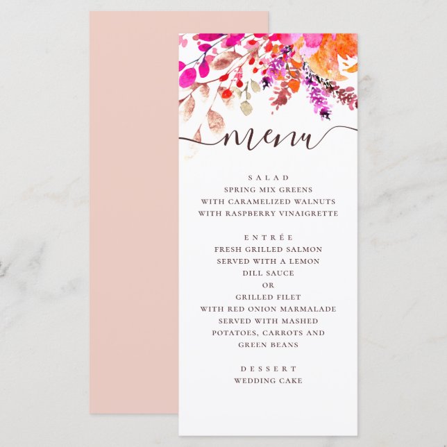Menu Mariage à fleurs rose aquarelle. Jardin botanique (Devant / Derrière)