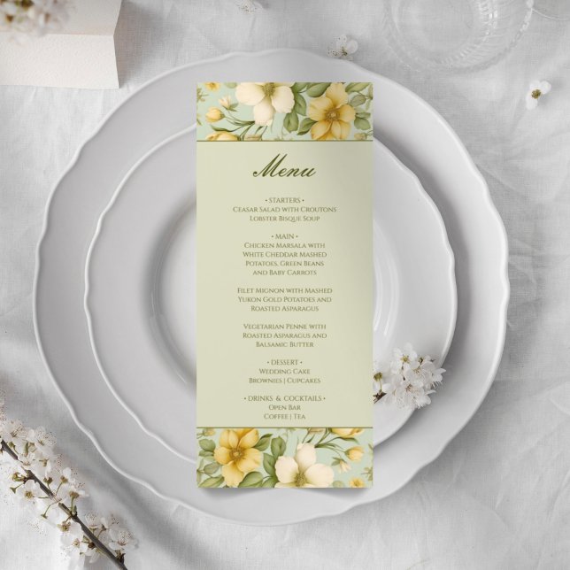 Menu mariage à fleurs vert et beige (Créateur téléchargé)