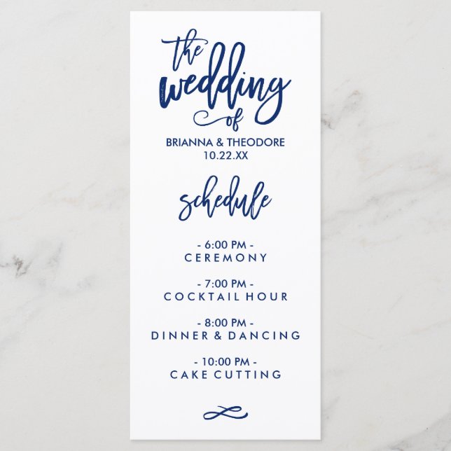 Menu Mariage à main chic bleu marine (Devant)