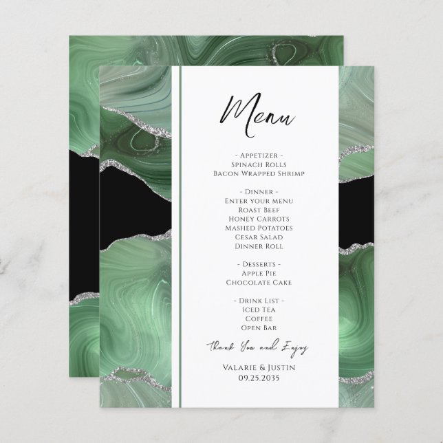 Menu Mariage Agate Vert Sage (Devant / Derrière)