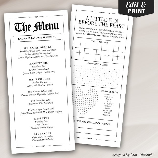 Menu Mariage amusant avec Jeu Mariage Journal (Fun Wedding Menu with Wedding Games Newspaper, Black and White Menu for Wedding)