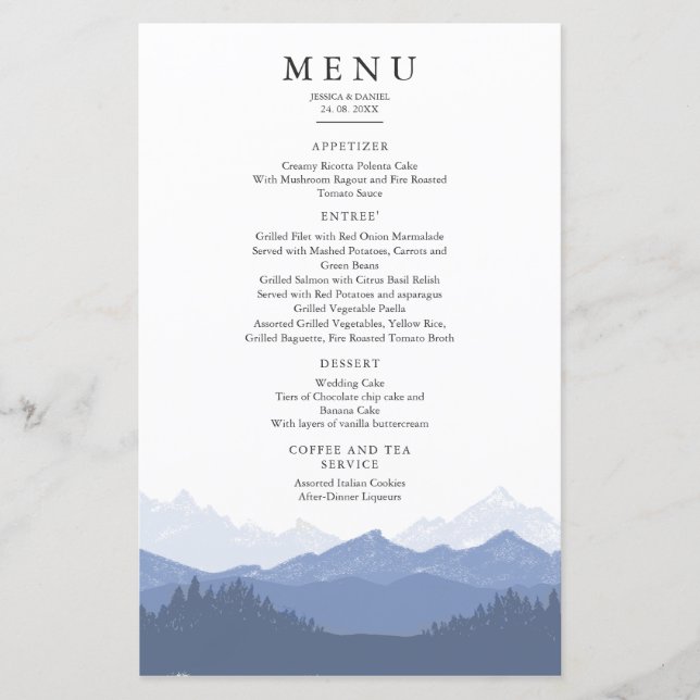 Menu Mariage Aquarelle Blue Mountain (Devant)
