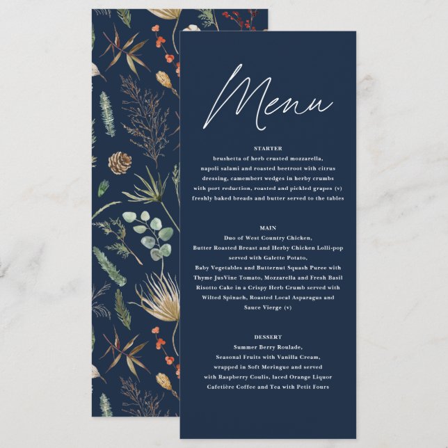 Menu Mariage aquarelle botanique floral bleu marine (Devant / Derrière)