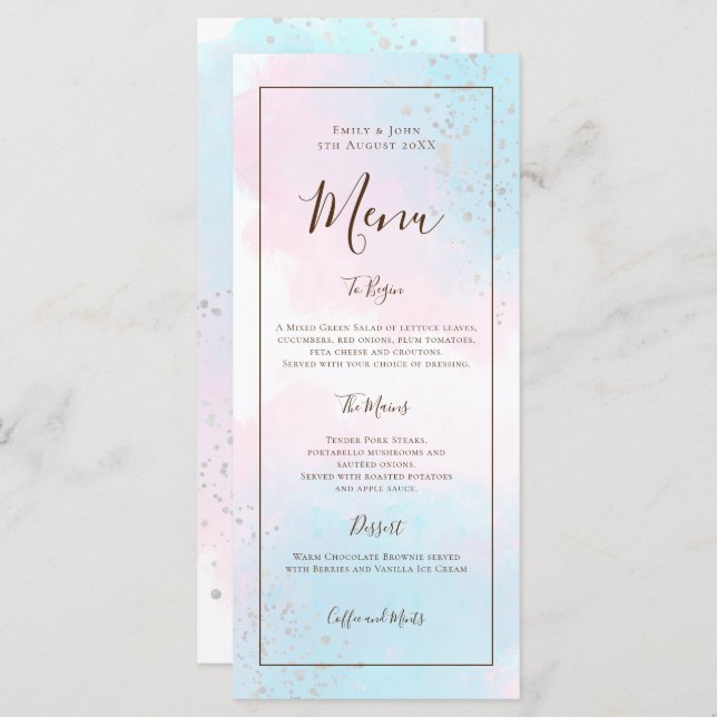 Menu Mariage Aquarelle rose bleu argenté (Devant / Derrière)