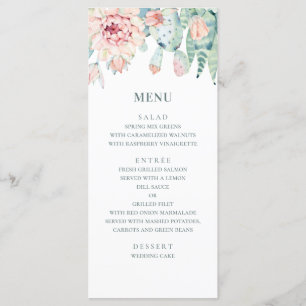 Menu Mariage aquarelle succulents. Cactus à fleurs rose