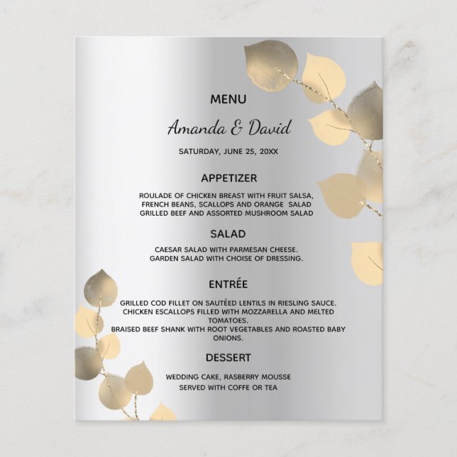 Menu mariage argent eucalyptus or (Devant)