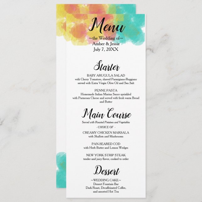 Menu Mariage Artsy Gouache Aquarelle (Devant / Derrière)