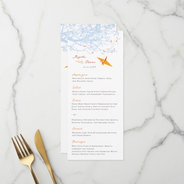 Menu Mariage asiatique  de grue orange Origami (Devant/Arrière en situation)