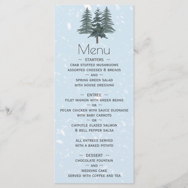 Menu Mariage aux arbres de pin hivernaux verdoyants rus (Devant)