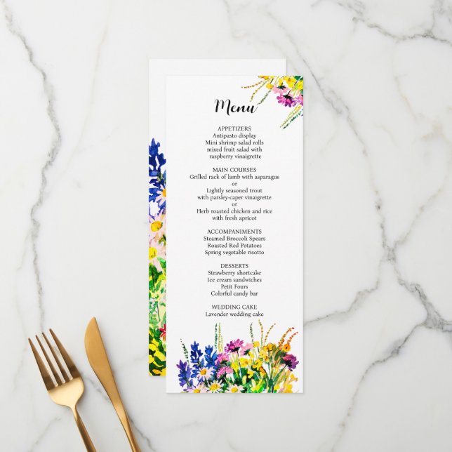 Menu mariage avec fleurs d'été (Devant/Arrière en situation)