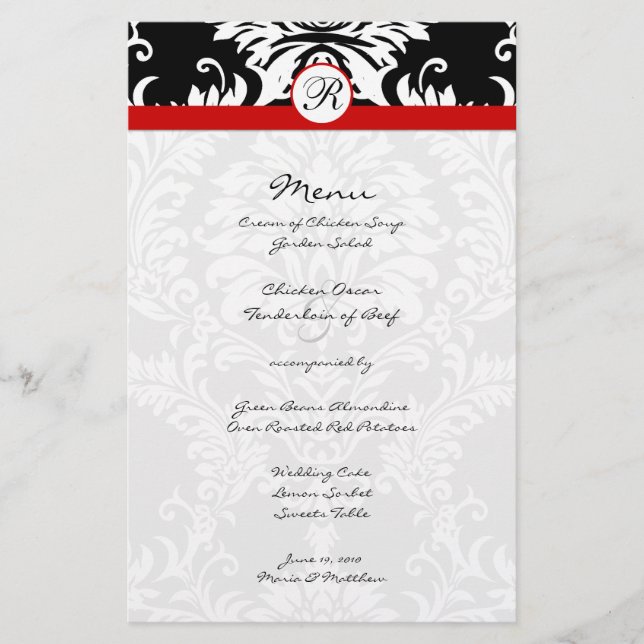 Menu Mariage Black Damask Red Trim (Devant)