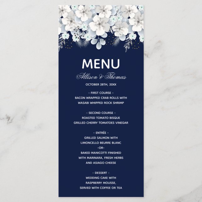 Menu mariage blanc fleur sakura bleu marine (Devant)