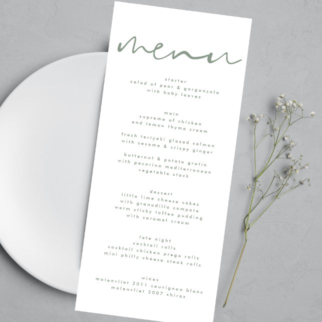 Menu Mariage blanc neutre moderne Sage Green (Créateur téléchargé)
