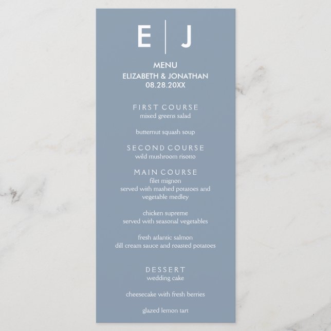 Menu Mariage bleu Dusty minimaliste (Devant)