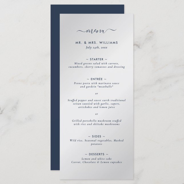 Menu Mariage bleu et argent de la marine moderne (Devant / Derrière)