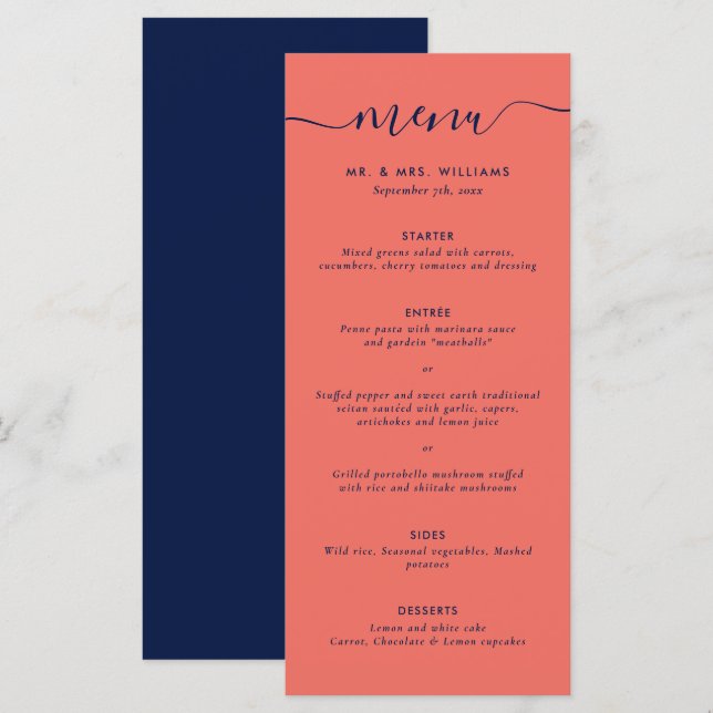 Menu Mariage bleu et corail de la marine moderne (Devant / Derrière)