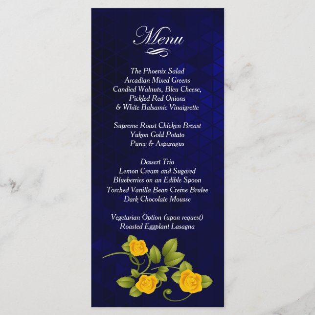 Menu Mariage bleu foncé et rose jaune (Devant)