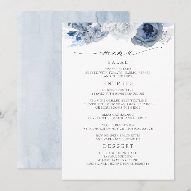 Menu Mariage bleu marine et bleu Dusty Floral (Devant / Derrière)