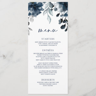 Menu Mariage Bleu Marine Floral Végétal Argent