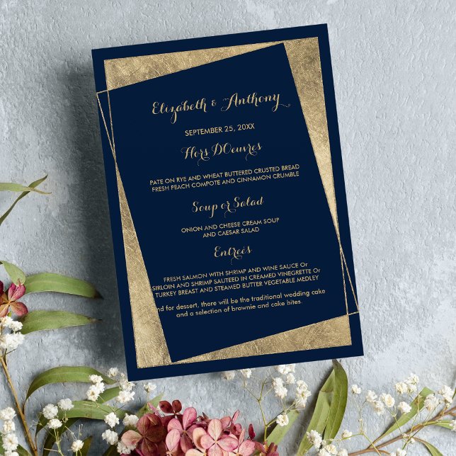 Menu Mariage bleu marine moderne (Modern geometric navy blue gold Wedding Menu)