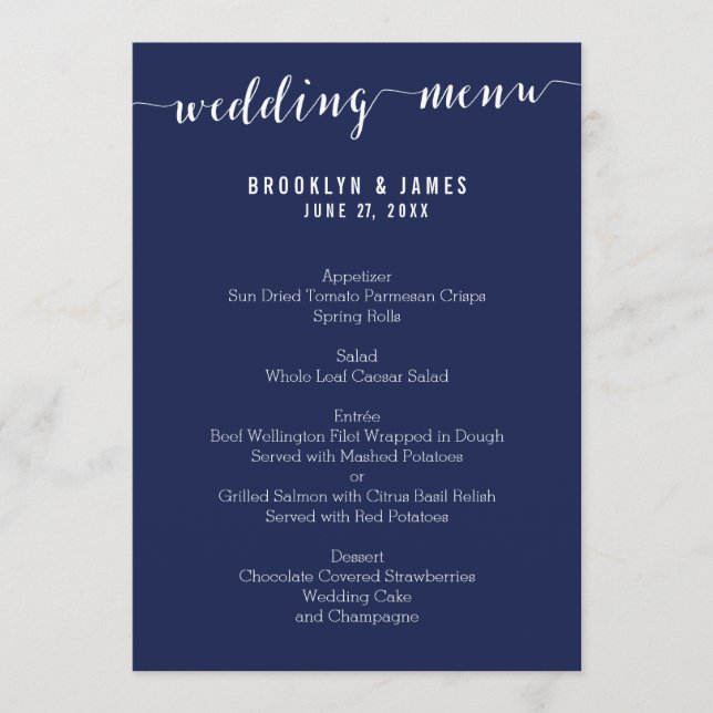 Menu Mariage bleu marine simple (Devant)