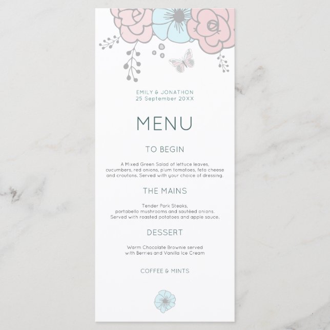 Menu Mariage bleu rose papillon moderne Artsy Florals (Devant)