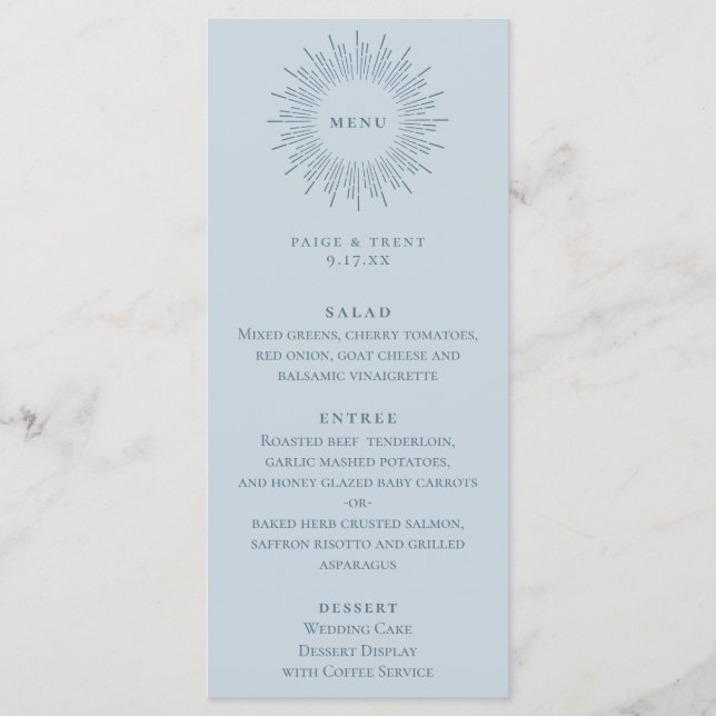 Menu Mariage bleu Sunburst Pastel moderne (Devant)