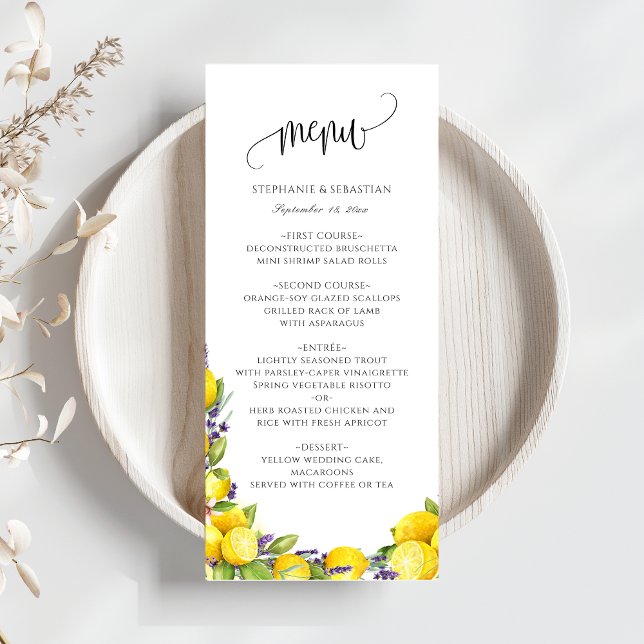 Menu Mariage Boho de lavande de citron d'aquarelle (Watercolor Lemon Lavender Boho Wedding Menu)