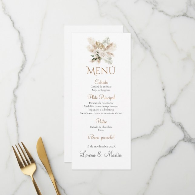 Menu Mariage Boho espagnol (Devant/Arrière en situation)
