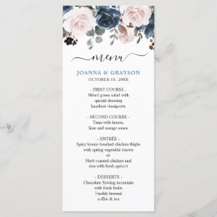 Menu Mariage botanique bleu pâle rose rose