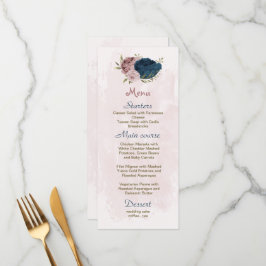 Menu Mariage botanique de fleurs rose et marine