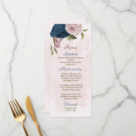 Menu Mariage botanique de fleurs rose et marine