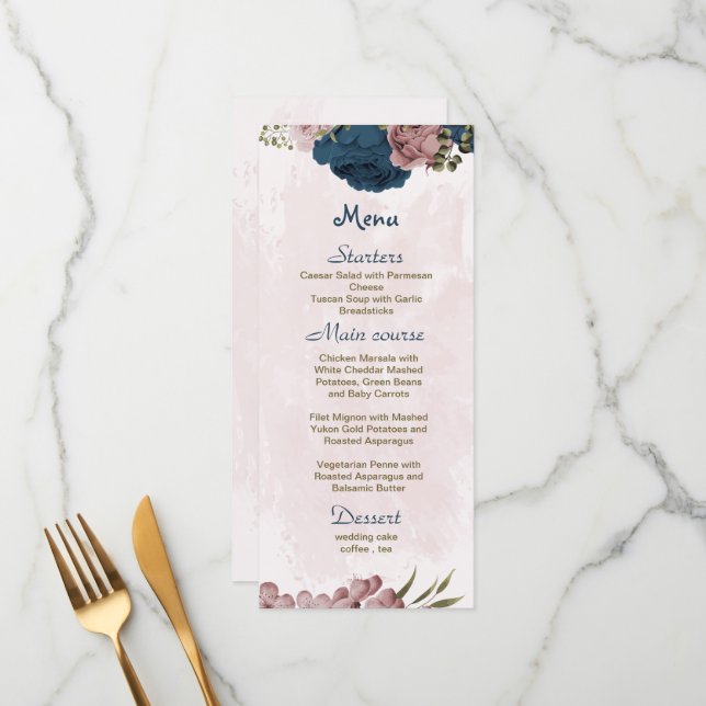 Menu Mariage botanique de fleurs rose et marine (Devant/Arrière en situation)