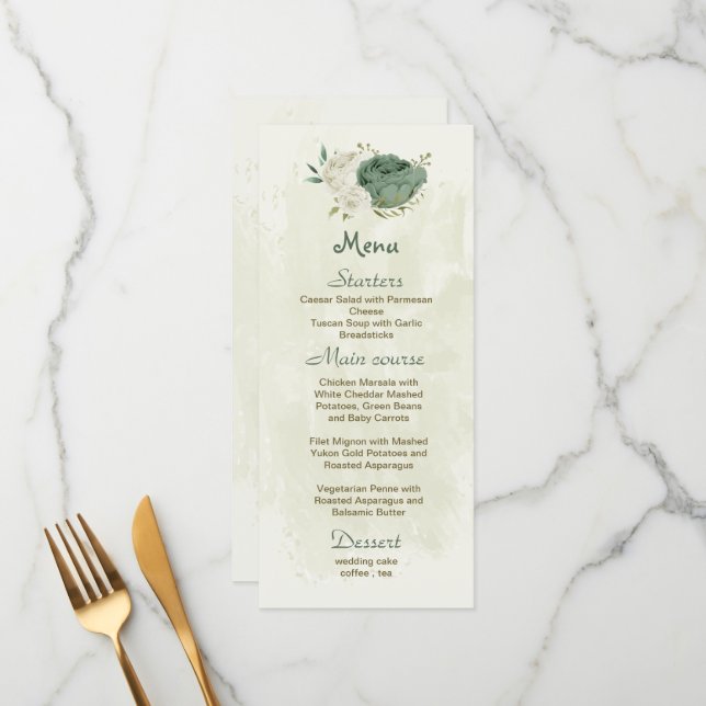 Menu mariage botanique des fleurs blanches sauge (Devant/Arrière en situation)