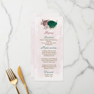 Menu mariage botanique des fleurs vert émeraude rose