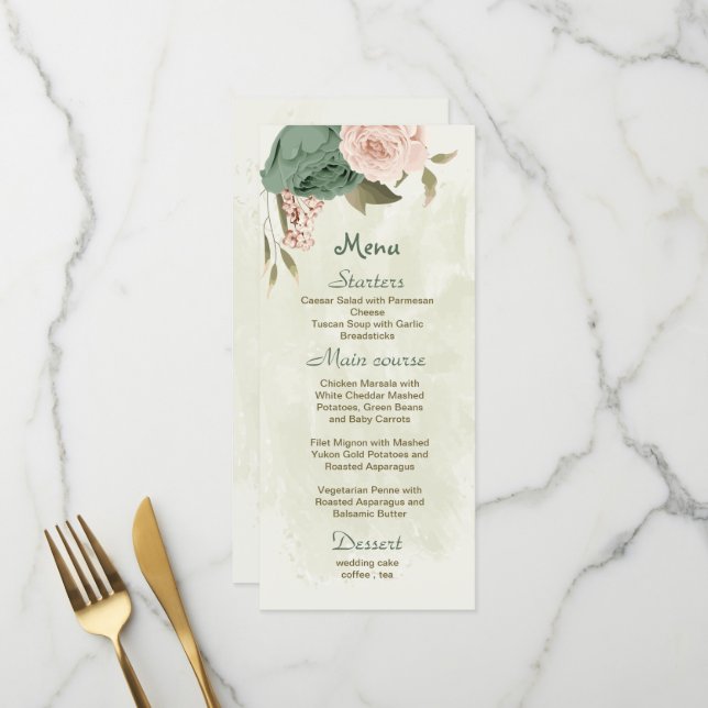 Menu mariage botanique des fleurs vert sauge (Devant/Arrière en situation)