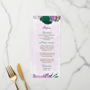 Menu mariage botanique des fleurs violettes vert émerau