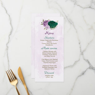 Menu mariage botanique des fleurs violettes vert émerau