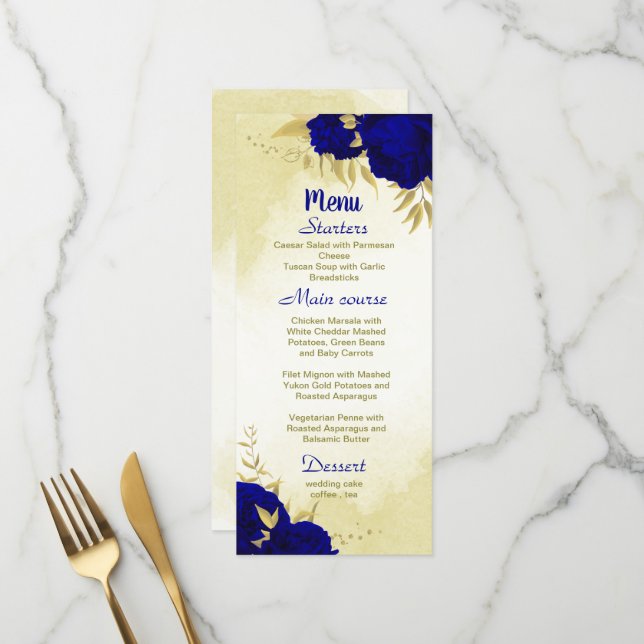 Menu Mariage botanique d'or des fleurs bleues royales (Devant/Arrière en situation)