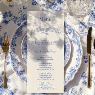 Menu Mariage botanique floral de style chinoiserie bleu