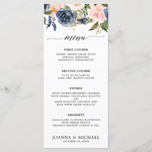 Menu Mariage botanique moderne aux fleurs roses bleues