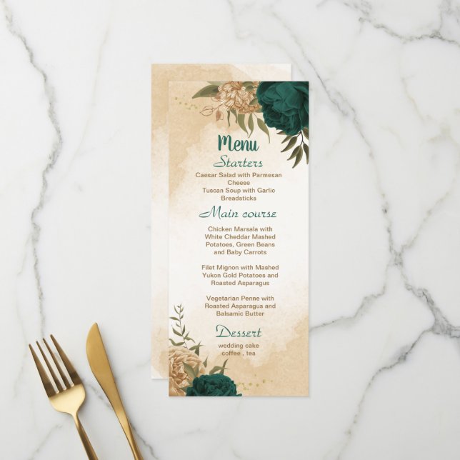 Menu Mariage botanique vert émeraude beige or (Devant/Arrière en situation)