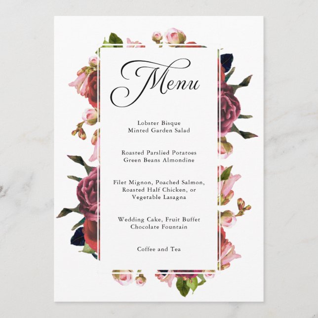Menu Mariage Bouquet Floral Rose (Devant)