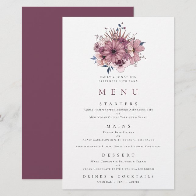 Menu Mariage Budget Purple Berry Pink Florals (Devant / Derrière)