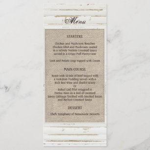 Menu Mariage Burlap de cadre rustique blanc