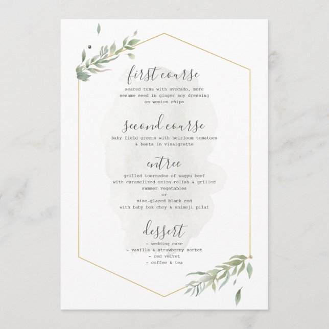 Menu Mariage Cadre Or Vert Foliage Moderne (Devant)