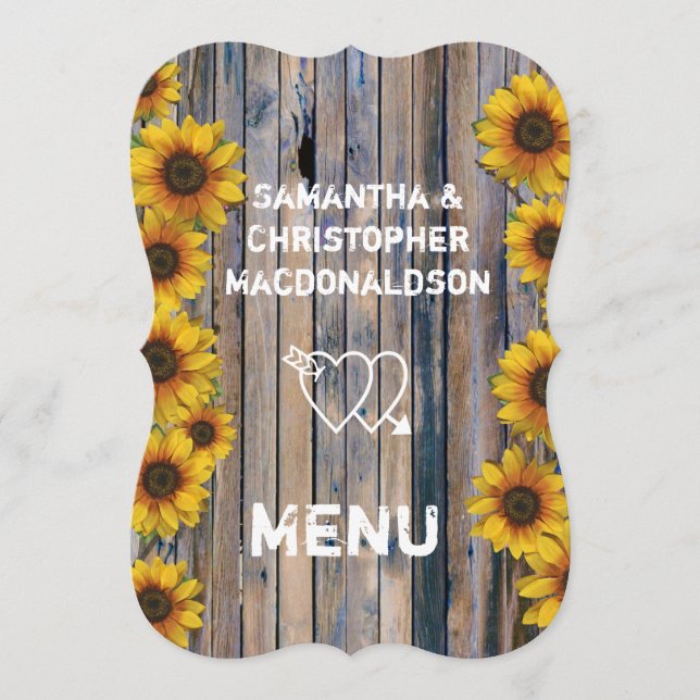 Menu mariage campagnard de tournesol jaune rustiqu (Devant)