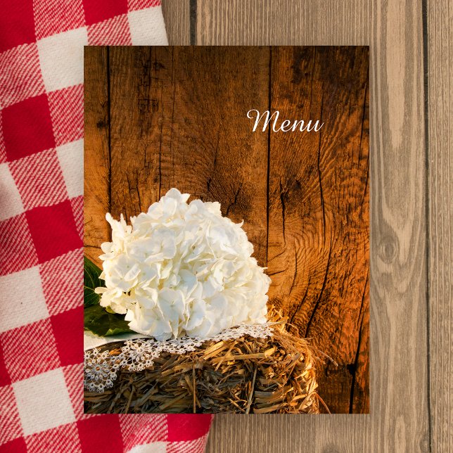 Menu Mariage campagnard en bois d'Hydrangea blanc  (Créateur téléchargé)