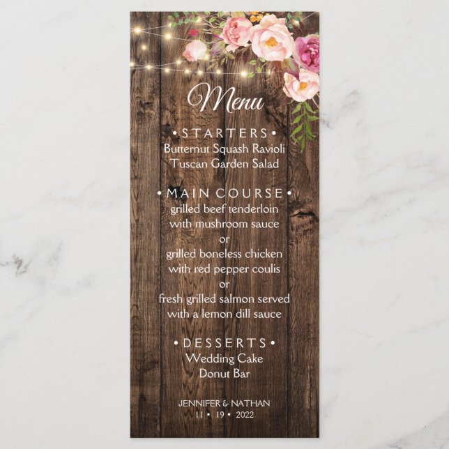 Menu Mariage campagnard Floral Boho rustique (Devant)