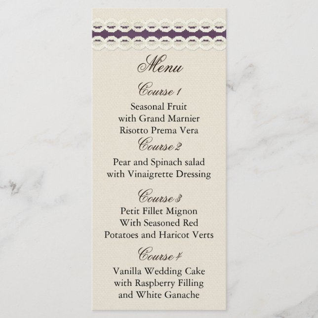 Menu MARIAGE CAMPAGNARD pourpre pour burlap et dentelle (Devant)